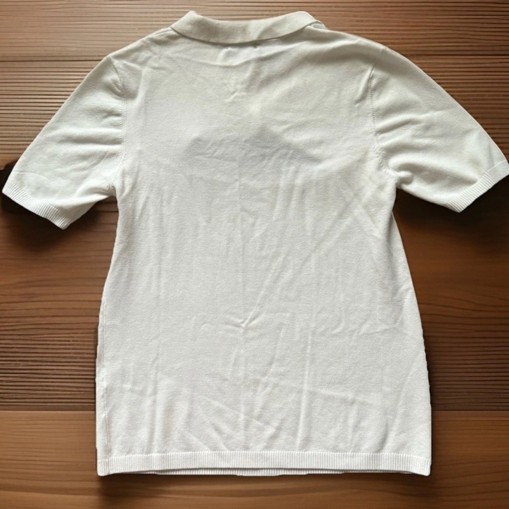VINCe Top Womens Medium White Front Cut Out Short Sleeved Soft Knit Polo Shirt - Picture 6 of 8